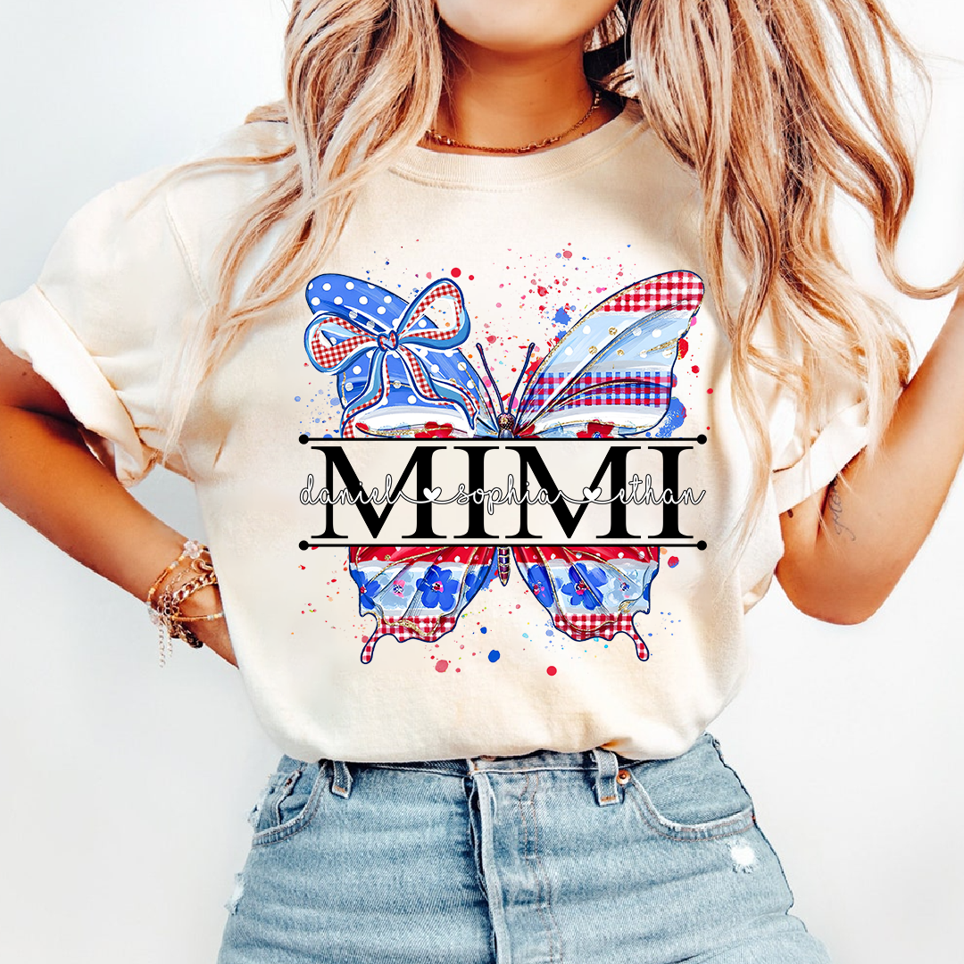 Custom Patriotic Butterfly Mimi T-Shirt, Personalized Grandma Shirt with Red White Blue USA Design