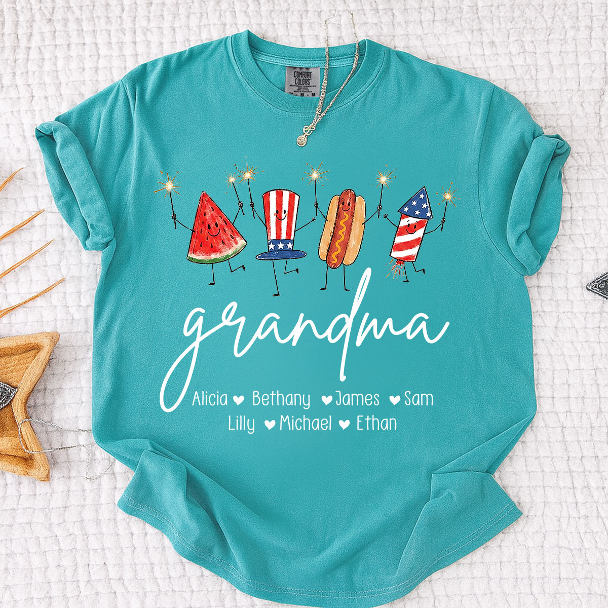 Comfort Colors® Personalized Grandma 4th of July Shirt with Grandkids Names, Patriotic Firecracker Family Tee, Custom Independence Day Grandma Gift