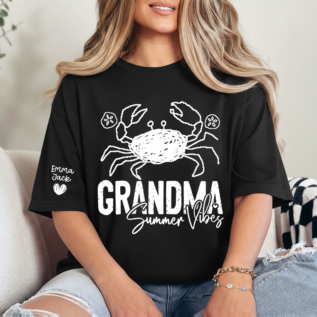 Funny Grandma Beach Shirt, Summer Vibes Crab Graphic Tee, Coastal Grandma Apparel