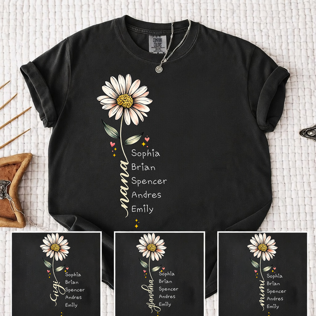Comfort Colors Personalized Grandma Shirt Daisy Flower Design Custom Nana Mimi Gigi Name Tee with Grandkids Names Vertical Style Family Outfit for Women