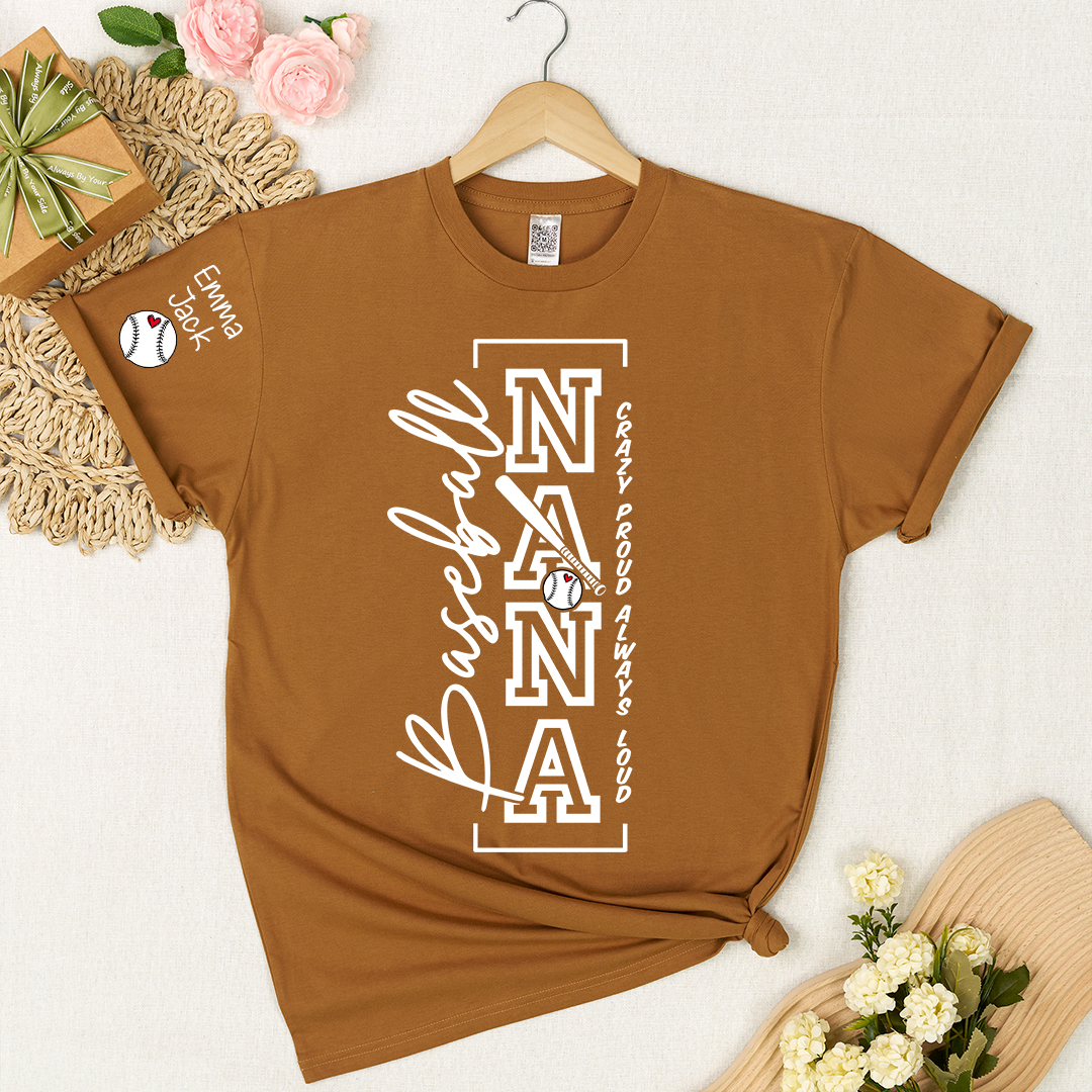 Baseball Nana T-Shirt, Custom Family Name Shirt with Modern Vertical Graphic