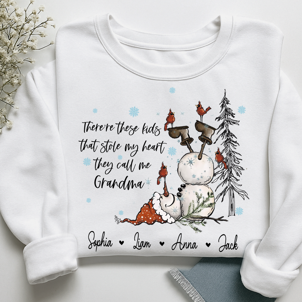 Custom Grandma Snowman Sweatshirt, There’s These Kids That Stole My Heart For Gift Grandma And Kids