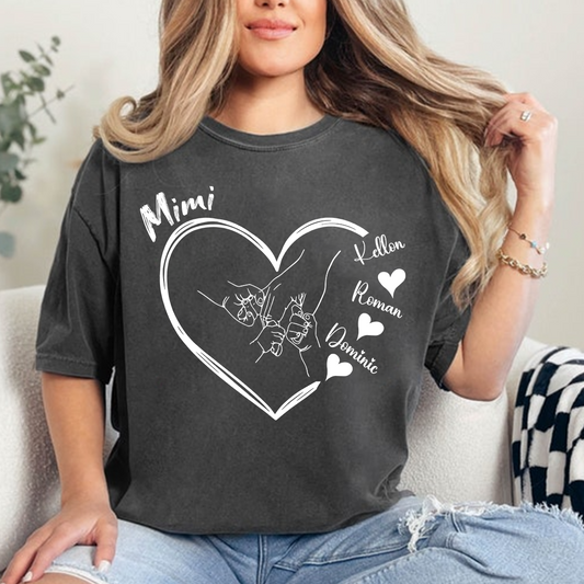 Personalized Mimi Shirt with Grandkids Names, Hands Holding Heart Graphic Family Tee