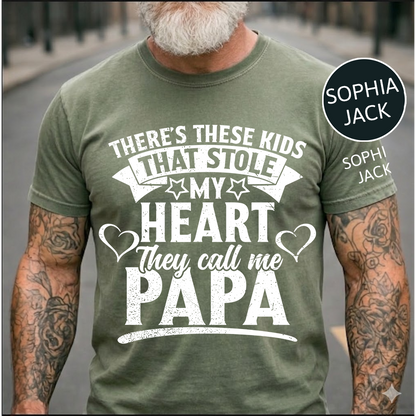 Personalized Papa T-Shirt – “These Kids Stole My Heart” Custom Names Gift for Dad Fathers Day Birthday