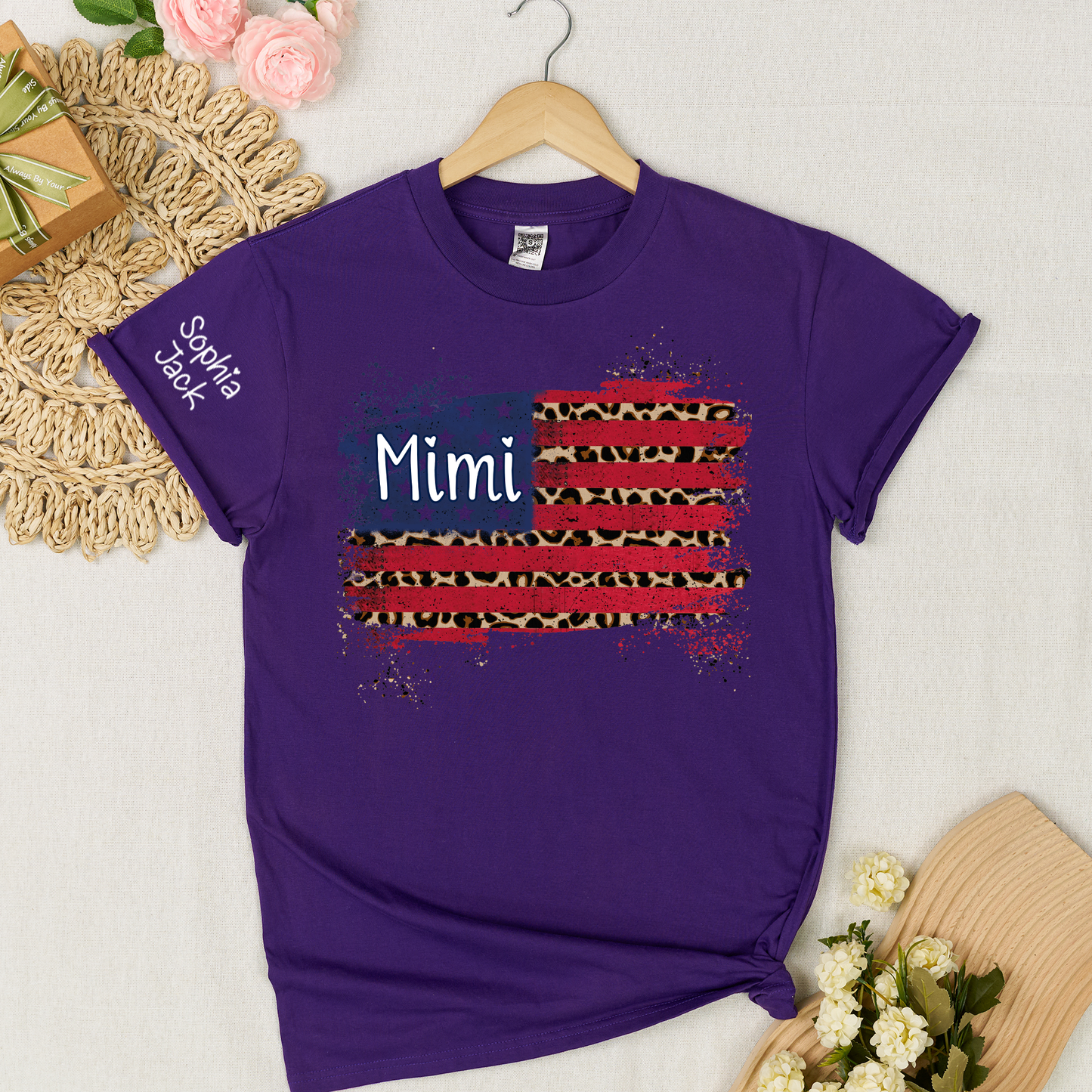 Personalized Mimi American Flag Shirt Leopard USA Flag Custom Kids Names T Shirt Patriotic Grandma Gift Fourth of July Family Matching Tee