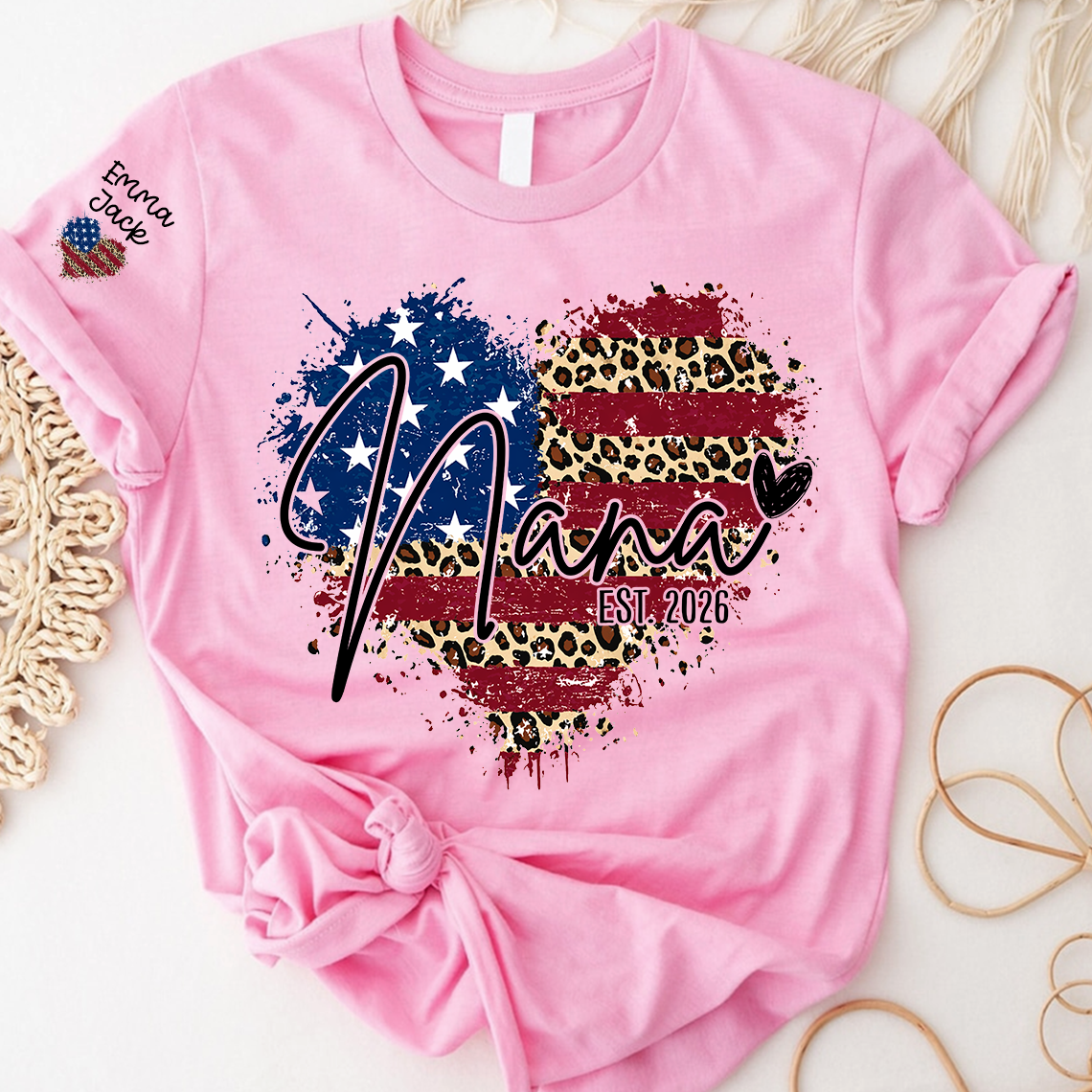 Custom American Flag Heart Nana T-shirt, Grandma Shirt with Kids, Mother's Day Gift for Grandma