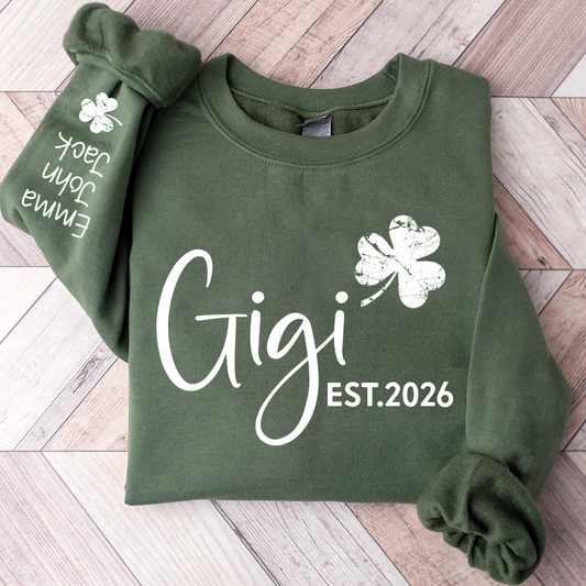 Gigi Shamrock Sweatshirt For St Patrick’s Day, Cute Green Family Sweatshirt For Grandma With The Names