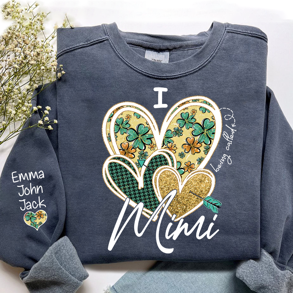 I Love to Be Called Mimi Heart Design Sweatshirt For St. Patrick's Day, Personalized Clover Design Sweatshirt for Grandma with Grandchildren's Names