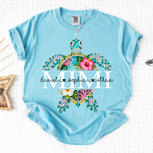 Comfort Colors Custom Mimi Turtle Monogram Shirt – Personalized Family Name Turtle Graphic Tee, Ocean Lover Gift for Women