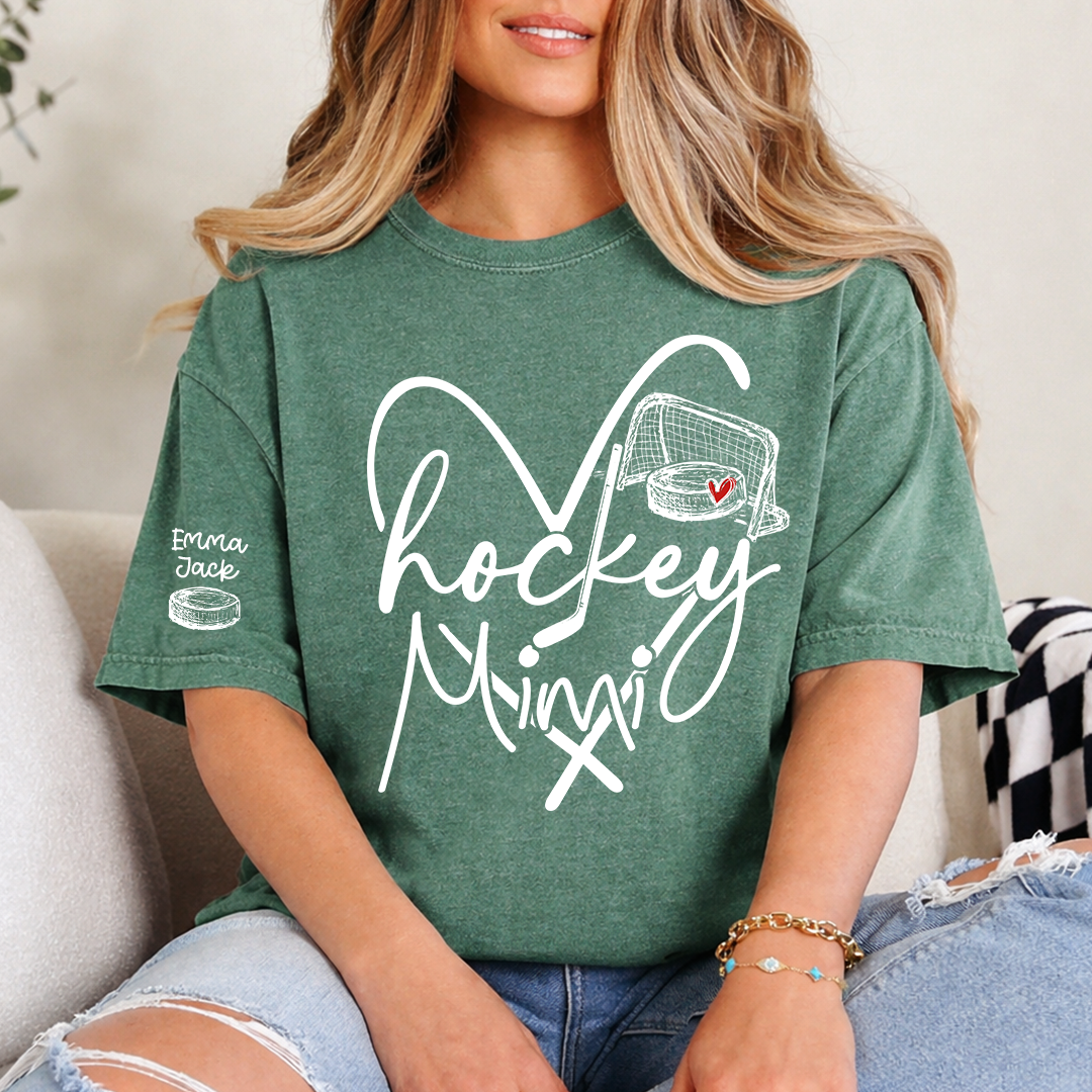 Hockey Heart Mimi Family Shirt, Custom Names and Hockey Puck Design Personalized Tee