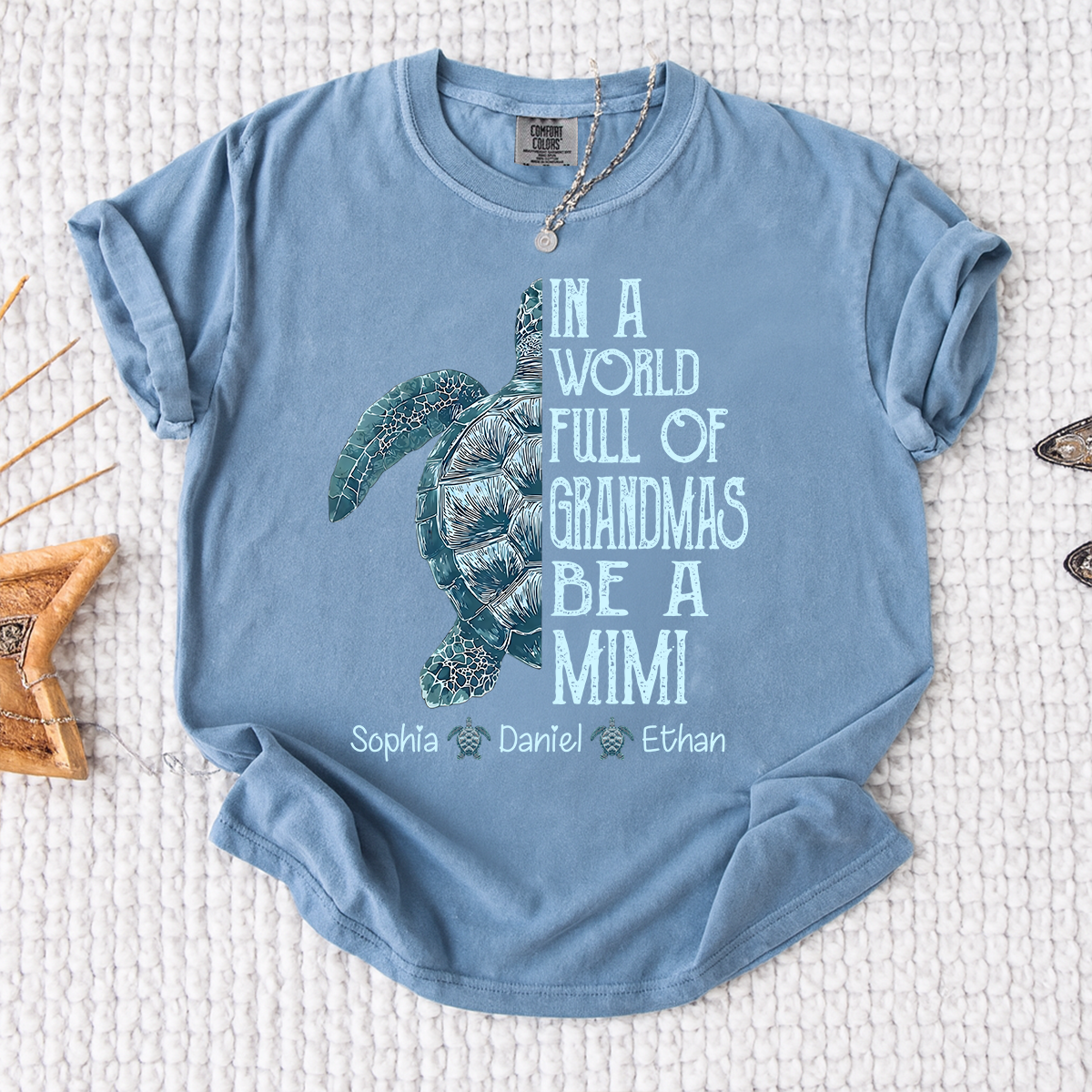 Comfort Colors Personalized Mimi Turtle Shirt, Custom Grandkids Names Sea Turtle Grandma T-Shirt, In a World Full of Grandmas Be a Mimi Gift