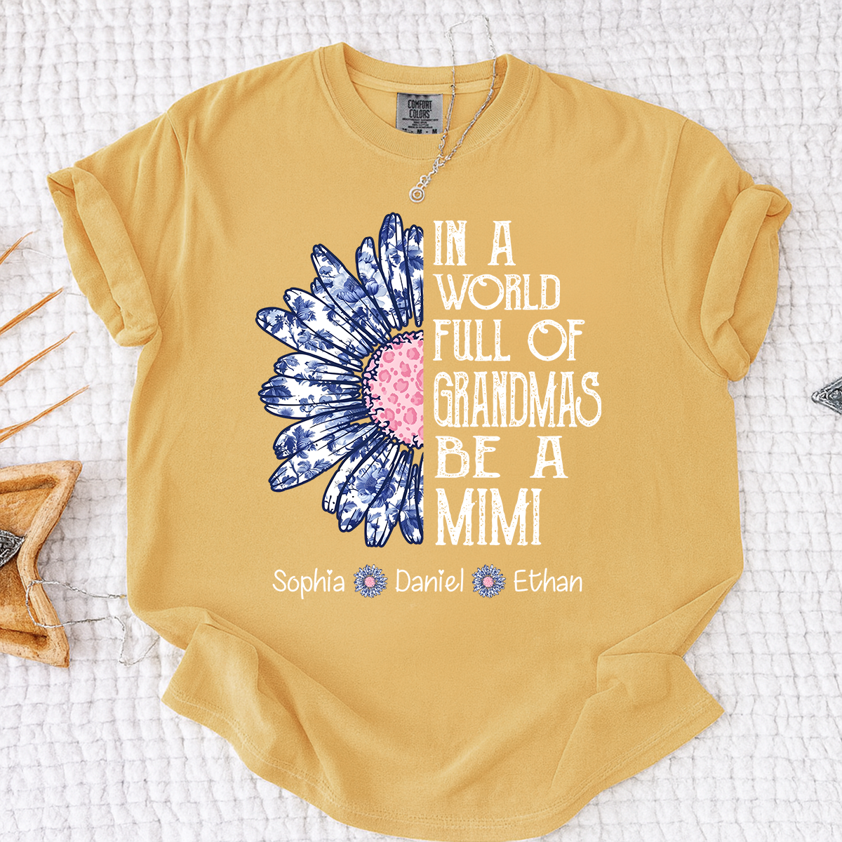 Comfort Colors Custom Mimi Shirt with Grandkids Names In a World Full of Grandmas Be a Mimi Daisy Flower Design Personalized Family Tee