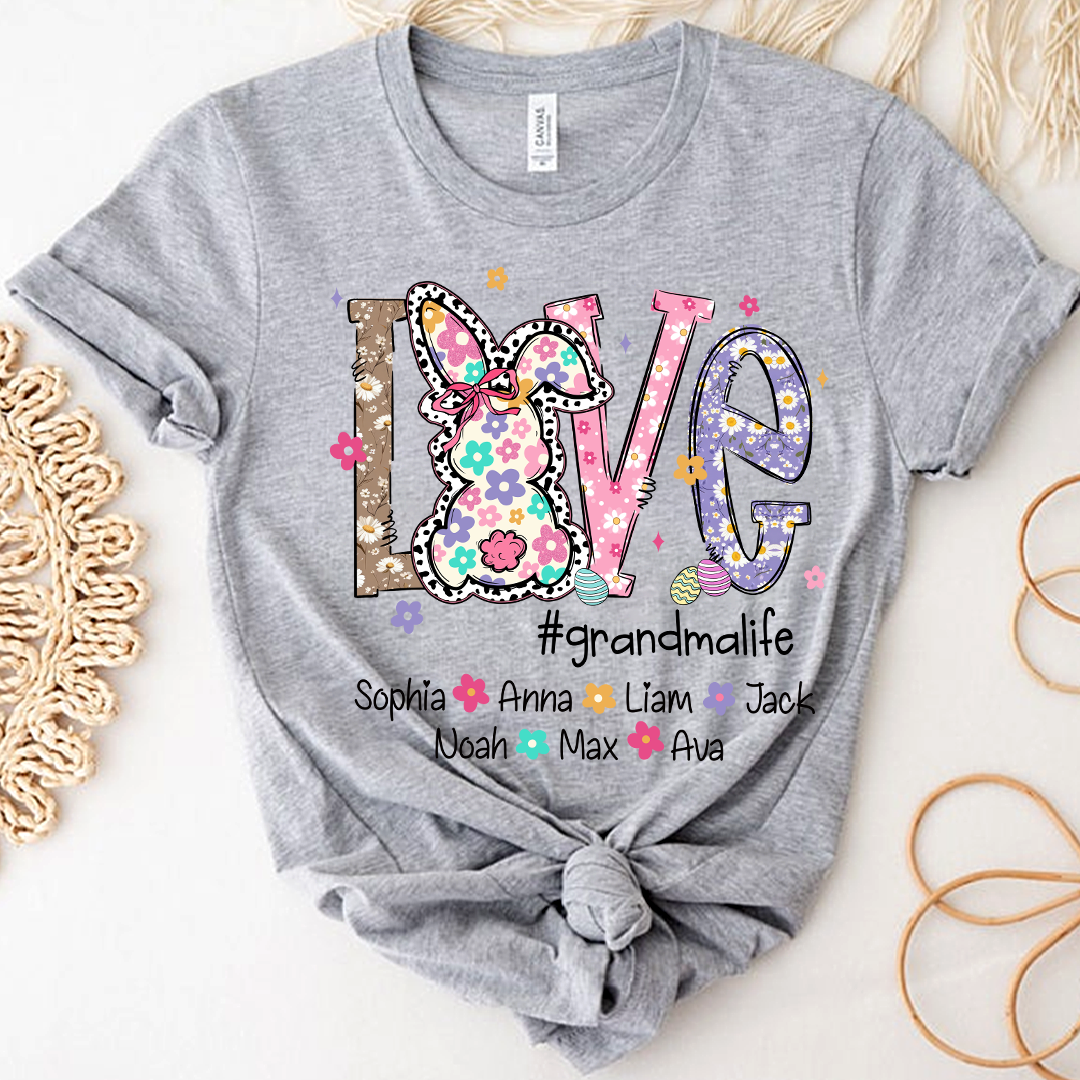 Personalized Love Grandma Liffe Easter T Shirt, Bunny And Egg Design With Names For Grandma And Kids