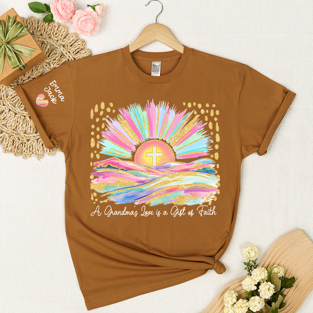 Faith Christian Grandma T-Shirt, Pastel Colorful Sunrise Cross Tee, Cute Personalized Gift for Grandma And Kids