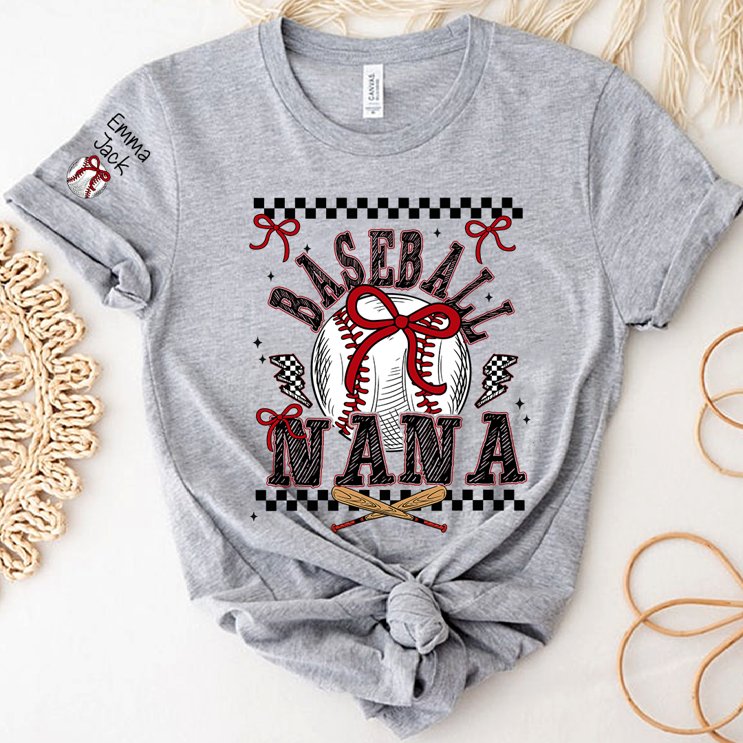 Baseball Nana T-Shirt, Personalized Nana T-Shirt with Bow and Vintage Baseball Design