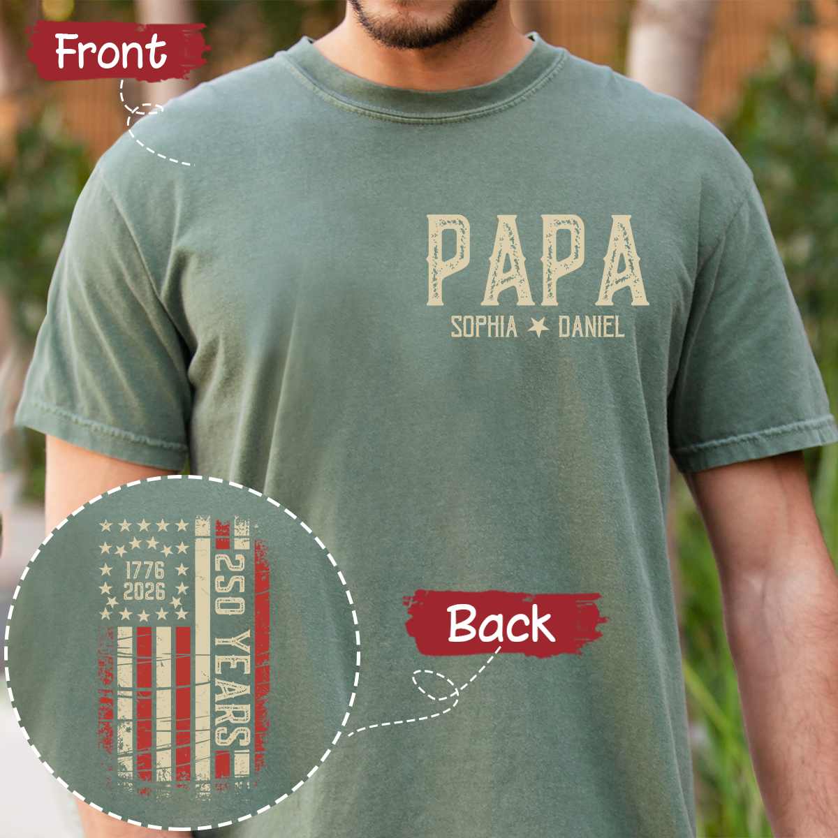 Personalized Papa Shirt, Custom Family Names T Shirt, 250th Anniversary American Flag Design, Patriotic Gift for Papa