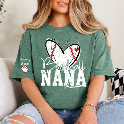 Baseball Nana Shirt, Personalized Family T Shirt with Custom Grandkids Names and Heart Design
