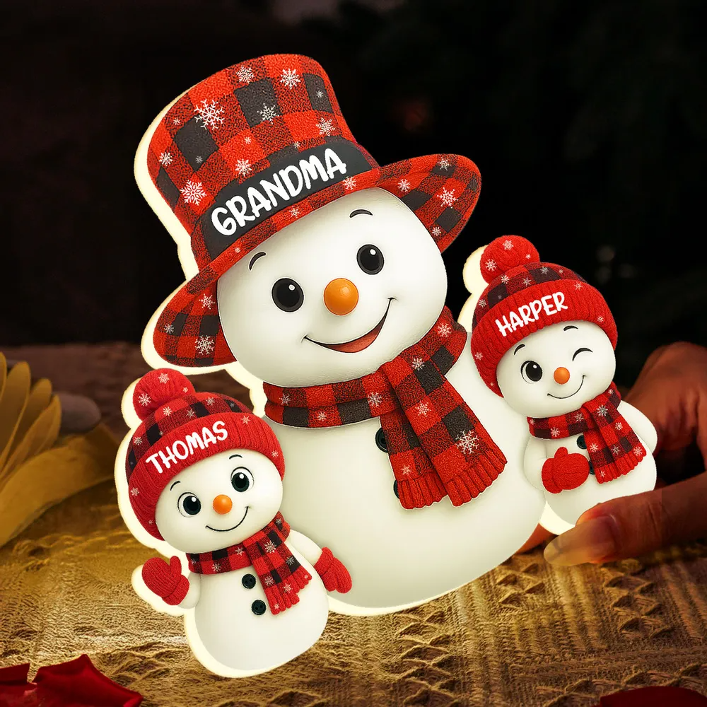 Christmas Checkered Pattern Grandma Grandkids Snowman Together - Personalized Light - Gift For Grandmas Light Box