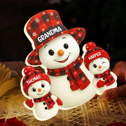 Christmas Checkered Pattern Grandma Grandkids Snowman Together - Personalized Light - Gift For Grandmas Light Box