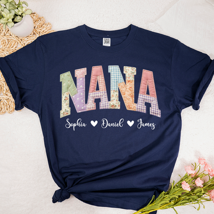 Personalized NANA Shirt – Cute Patchwork Design with Names of Loved Ones, Perfect for Grandmother