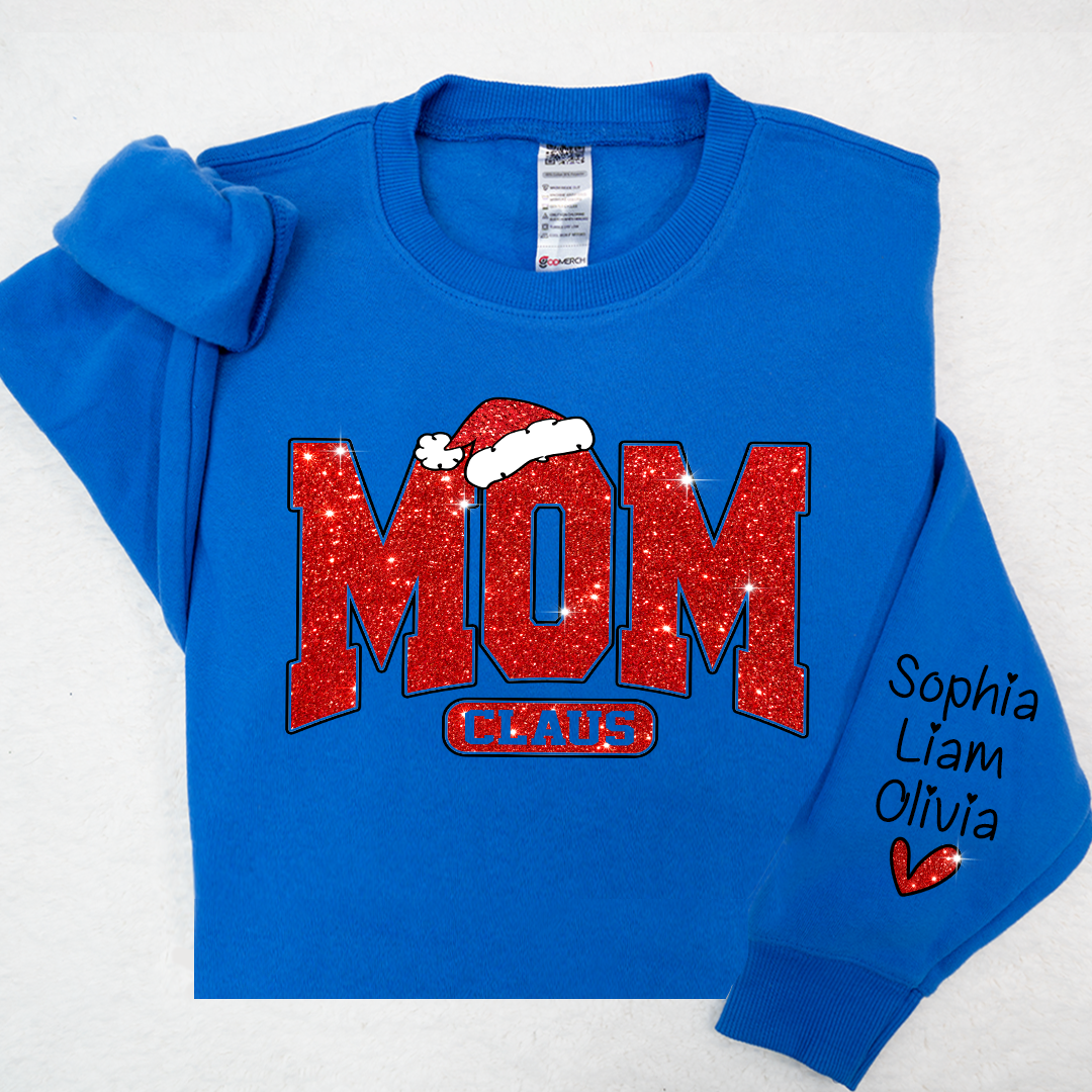 Glitter Merry Christmas Mom Sweatshirt With Kid Names On Sleeve, Mothers Day Gift LTP01