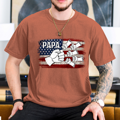 Comfort Colors® Papa Fist Bump Shirt with Kids Names – American Flag Custom T-Shirt for Dad