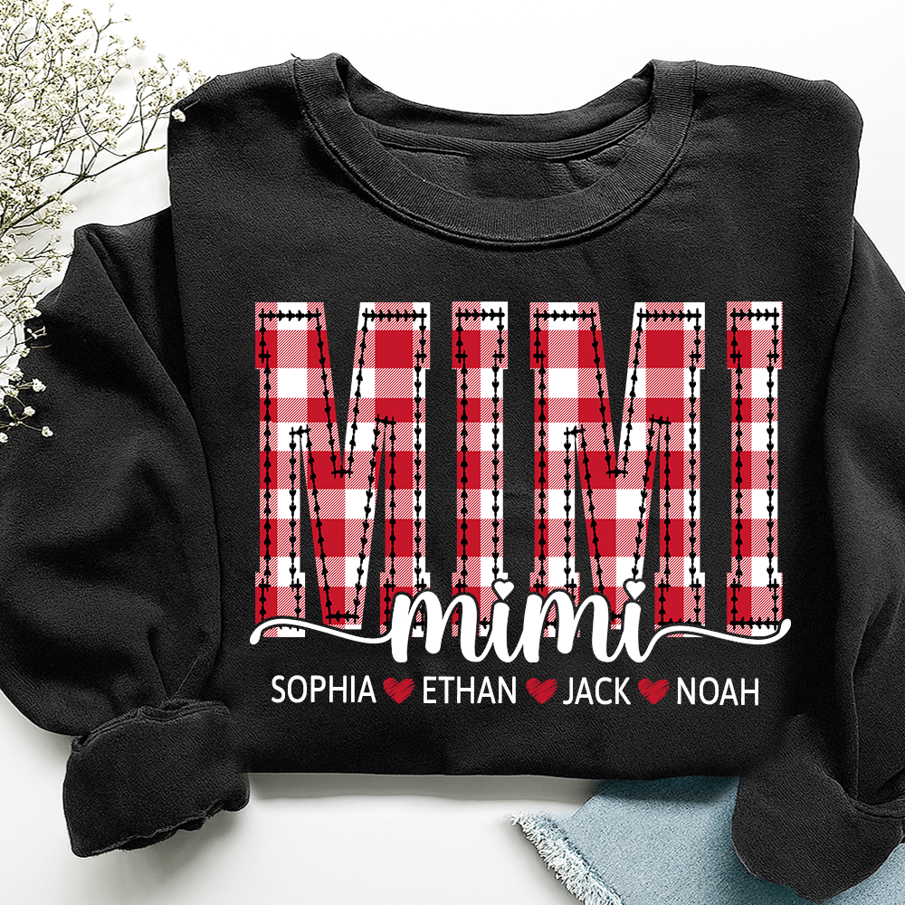 Custom Mimi Sweatshirt, Plaid Christmas Grandma Shirt with Kids Names