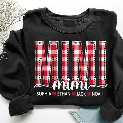 Custom Mimi Sweatshirt, Plaid Christmas Grandma Shirt with Kids Names