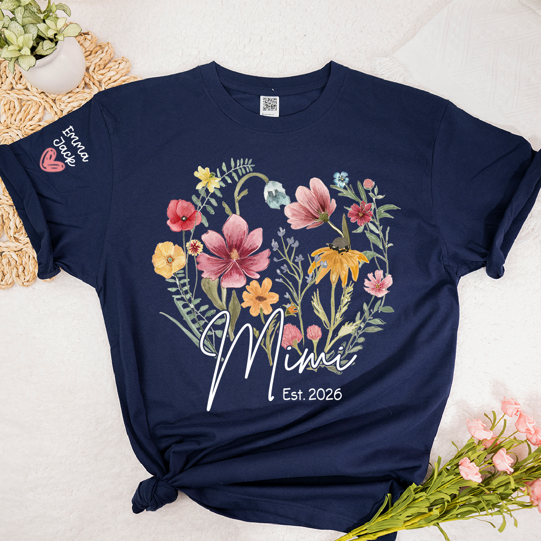 Mimi Est T-Shirt Personalized with Grandkids Names, Wildflower Floral Family Tee