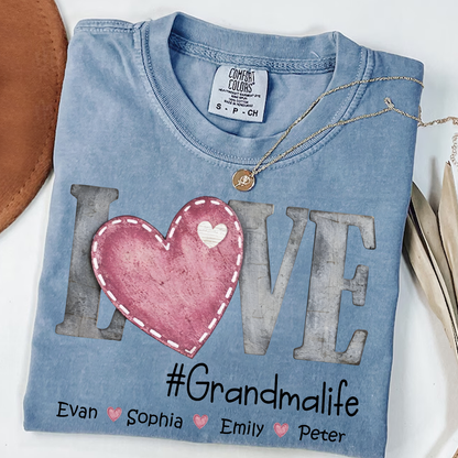Comfort Colors®'s Personalized Grandma Life T Shirt With Kids Names, Love Heart Graphic Shirt for Nana Mimi Gigi Grandma, Custom Family Name Tee, Soft Casual Everyday Wear