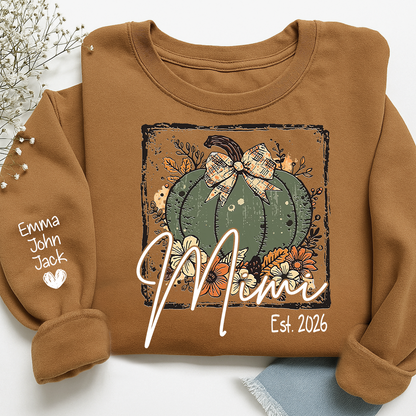 Mimi Pumpkin Shirt for Women, Floral Fall Bow Design Tee, Personalized Grandma T Shirt, Cozy Autumn Gift Idea