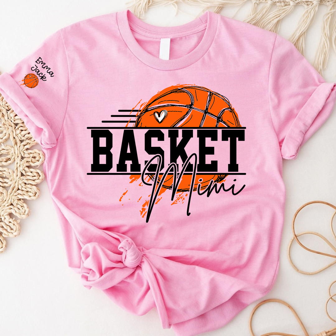 Basketball Mimi Shirt, Custom Grandkids Names with Basketball Hoop Design Family Tee