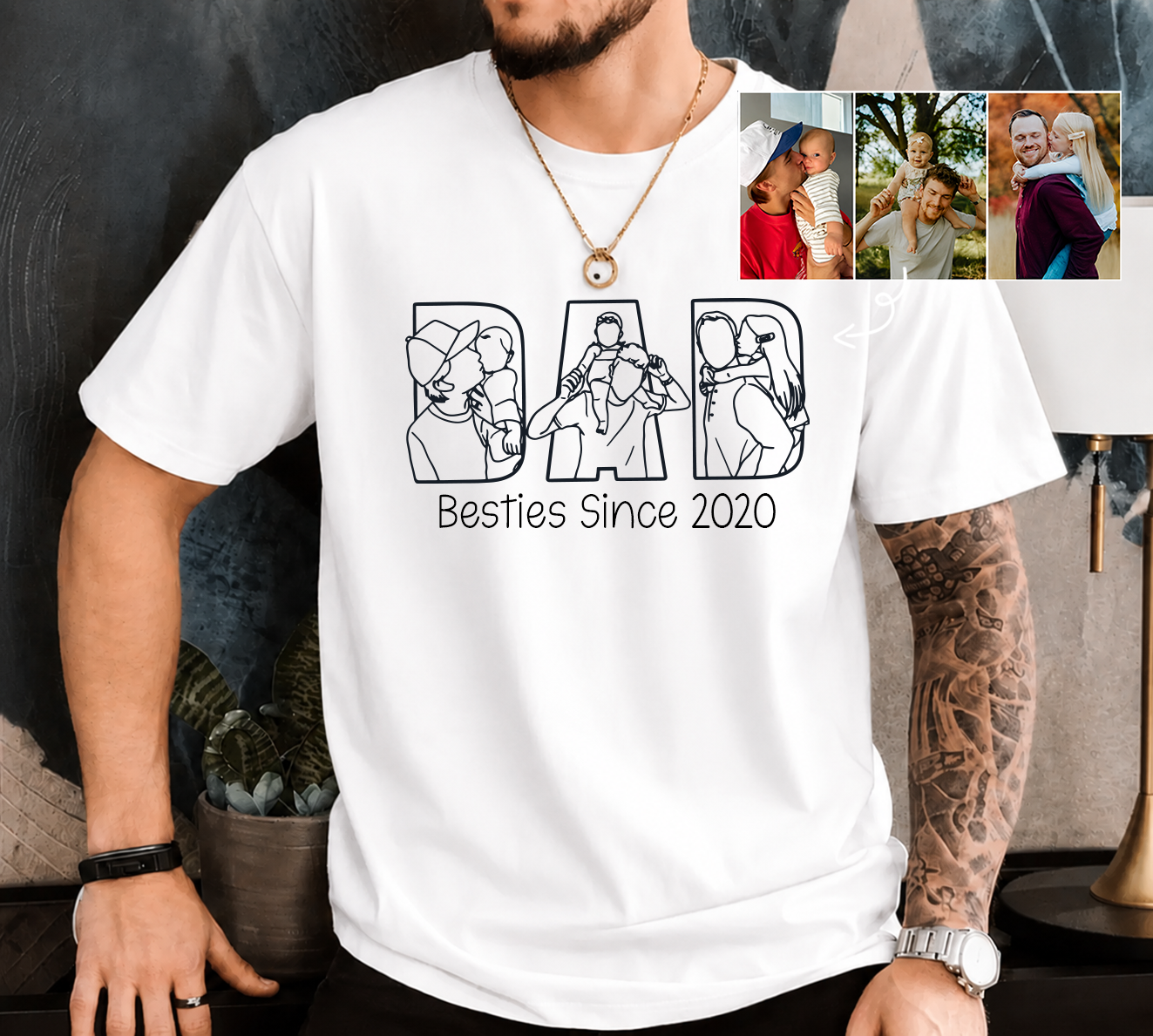 Personalized Photo Dad T-Shirt – Custom Line Art Family Design Gift for Daddy Papa Dad