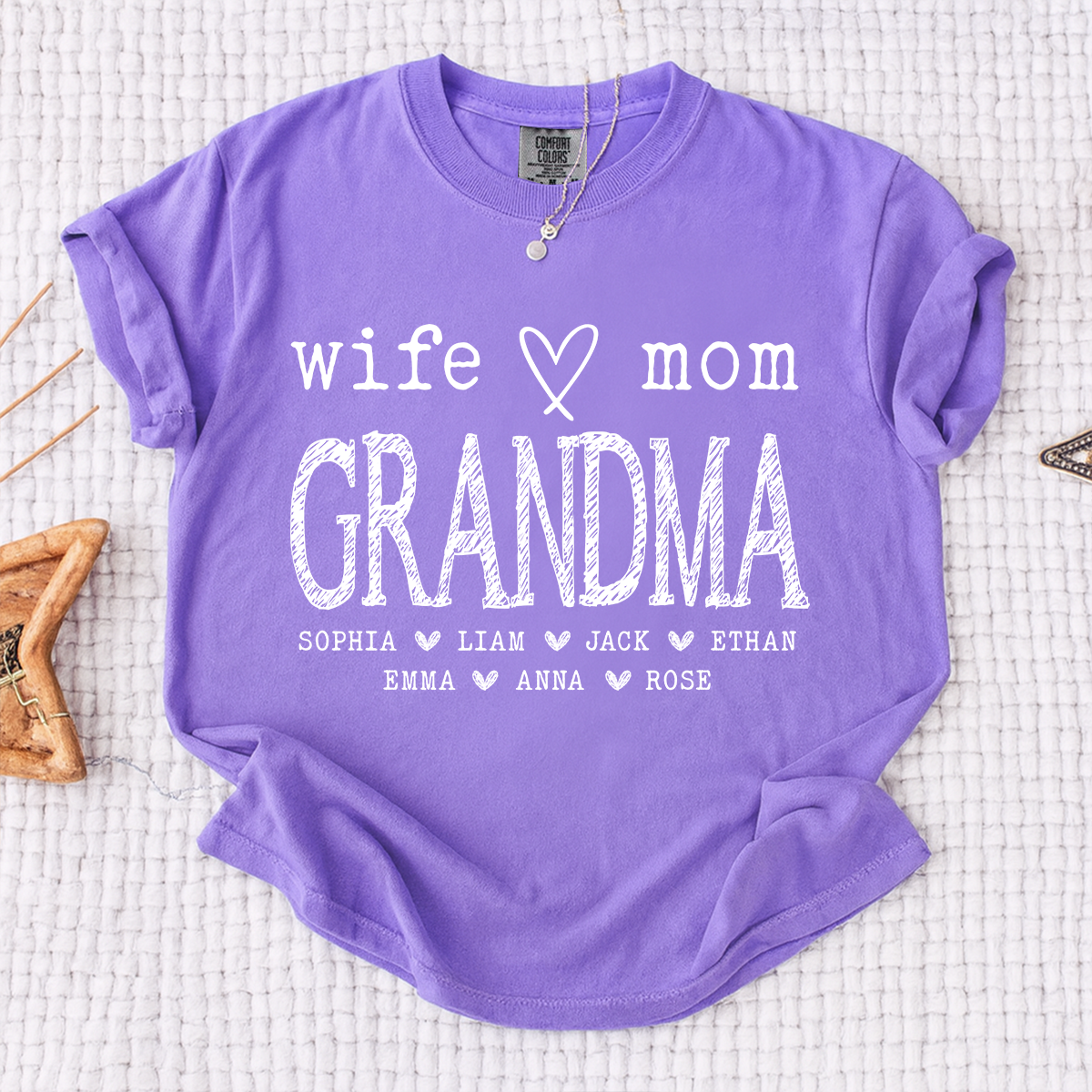 Comfort Colors® Wife Mom Grandma Shirt with Kids’ Names, Custom Family T-Shirt, Perfect Gift for Grandmother