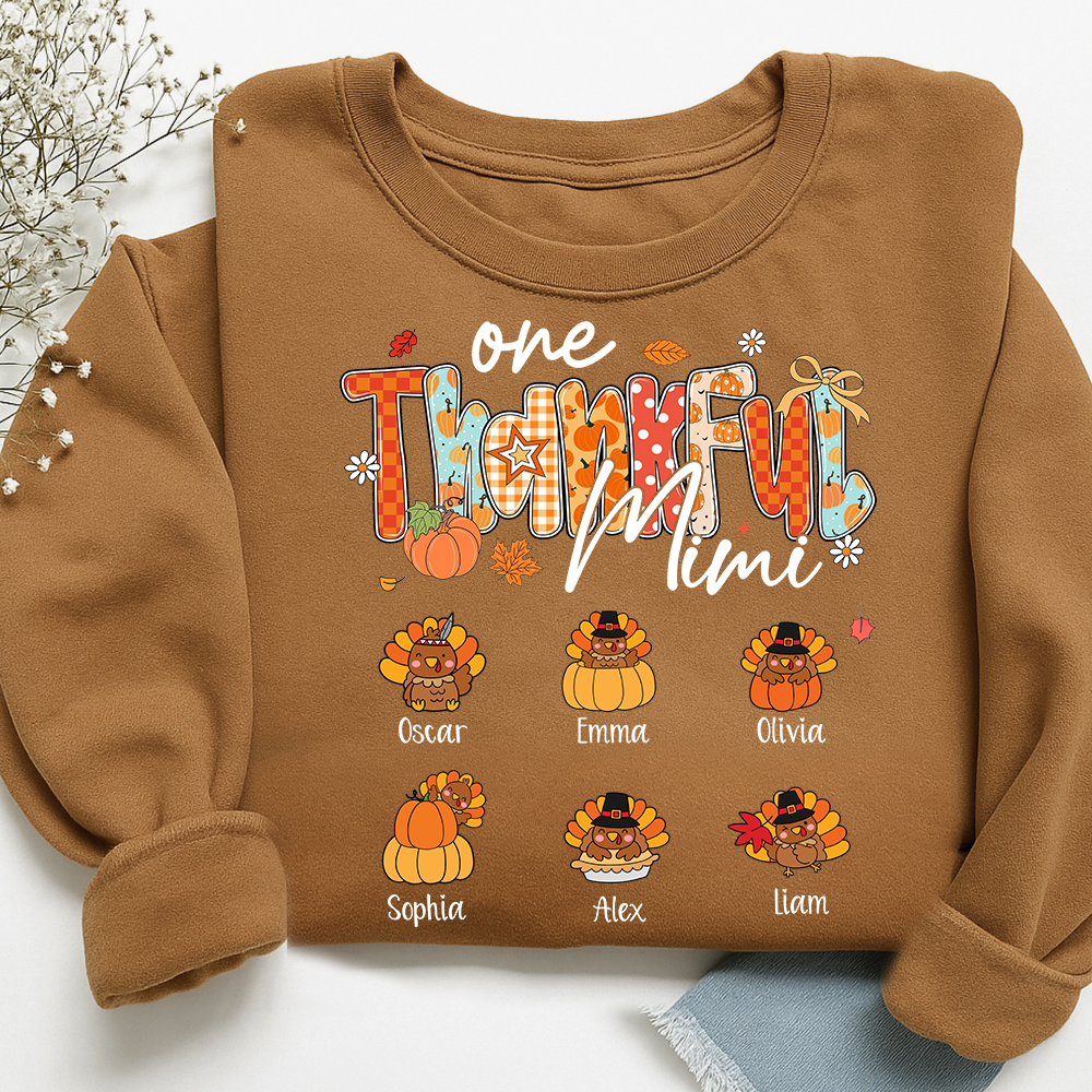 Personalized One Thankful Mimi Turkey Sweatshirt, Gift for Grandma and Kids
