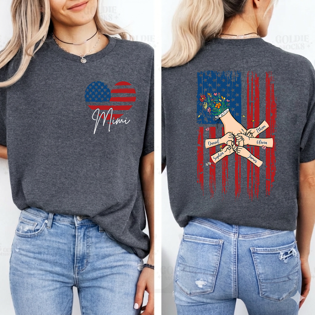 Custom Mimi T Shirt with USA Flag Heart, Personalized Grandma Shirt with Family Names on Back