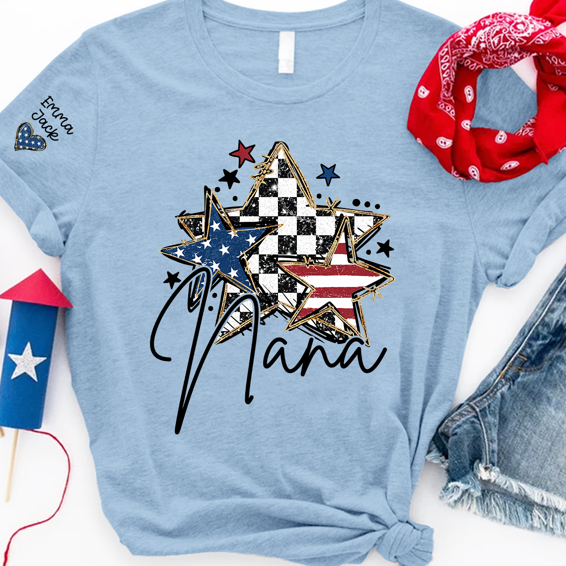 Custom Nana Flag Star T-shirt, Grandma Shirt with Kids, Mother's Day Gift for Grandma