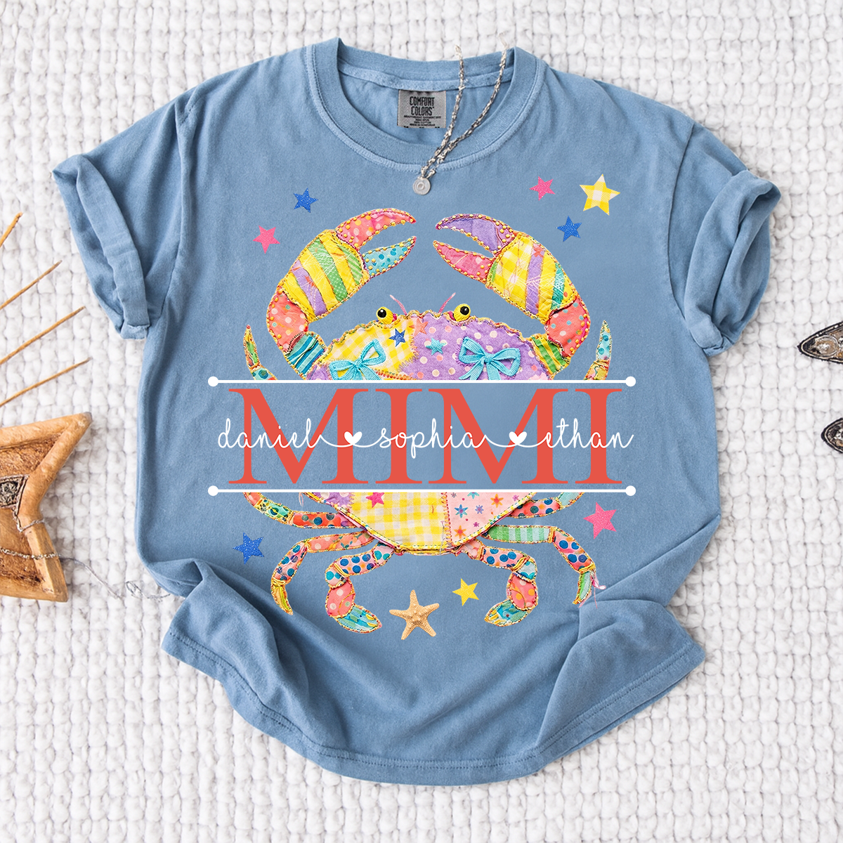 Comfort Colors® Personalized Mimi Crab Shirt with Grandkids Names, Coastal Grandma Tee, Custom Beach Crab Graphic T Shirt, Gift for Mimi from Grandchildren