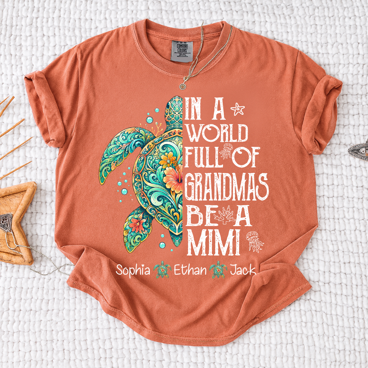 Cute Mimi Turtle Shirt for Women, Personalized Family Names T Shirt, Coastal Sea Life Graphic Tee, Gift for Grandma from Kids