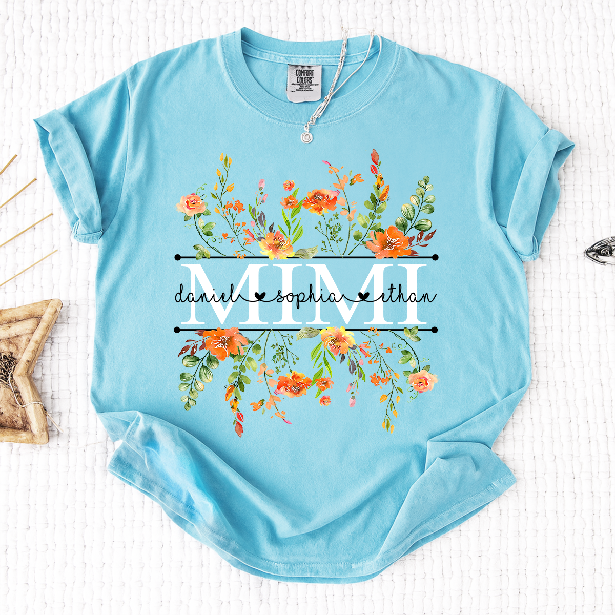 Comfort Colors Custom Mimi T-Shirt with Orange Wildflowers – Personalized Grandmother Gift Featuring Kids Names