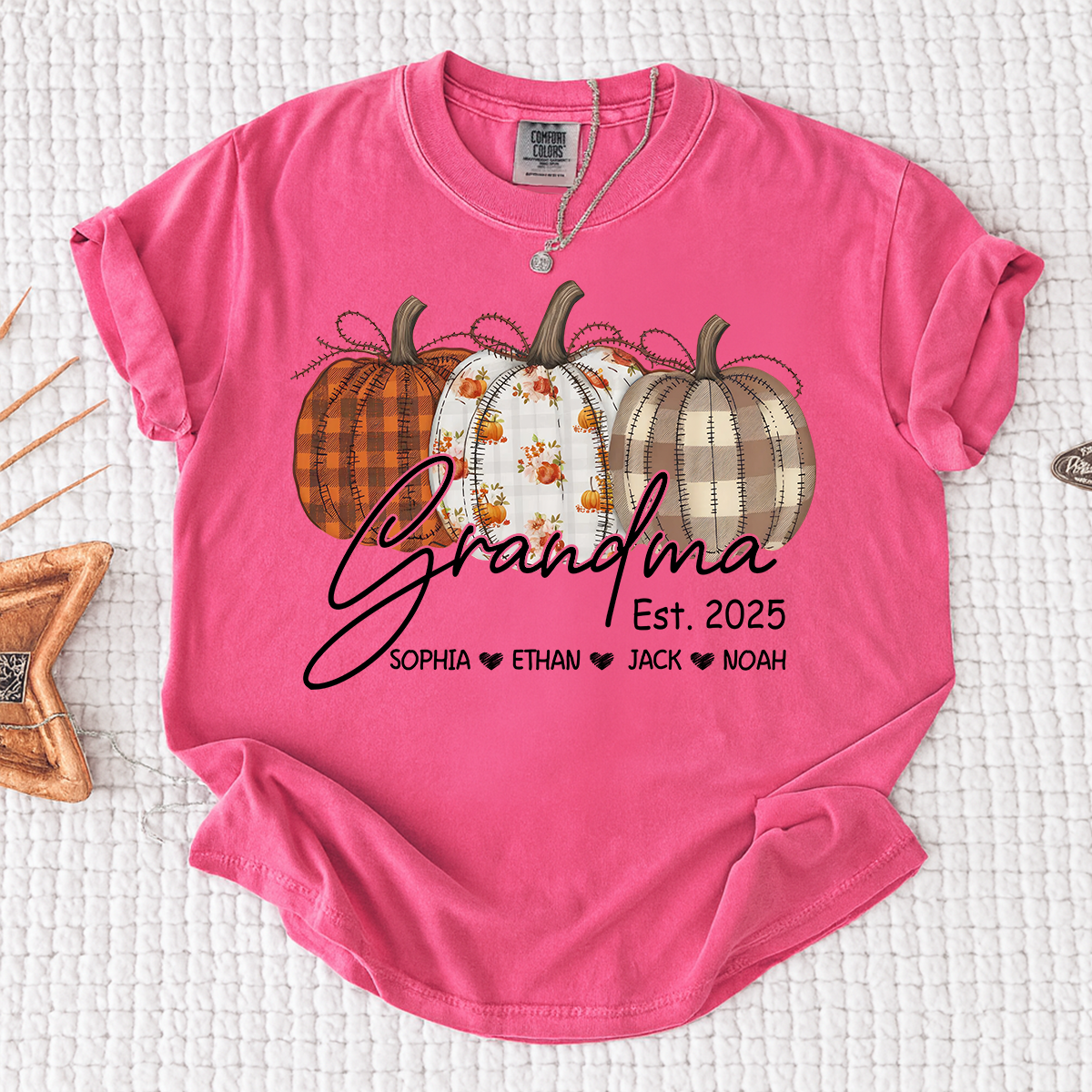 Comfort Colors® Personalized Grandma Pumpkin Tee, Custom Fall Shirt with Grandkids Names