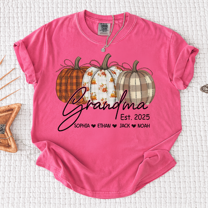 Comfort Colors® Personalized Grandma Pumpkin Tee, Custom Fall Shirt with Grandkids Names