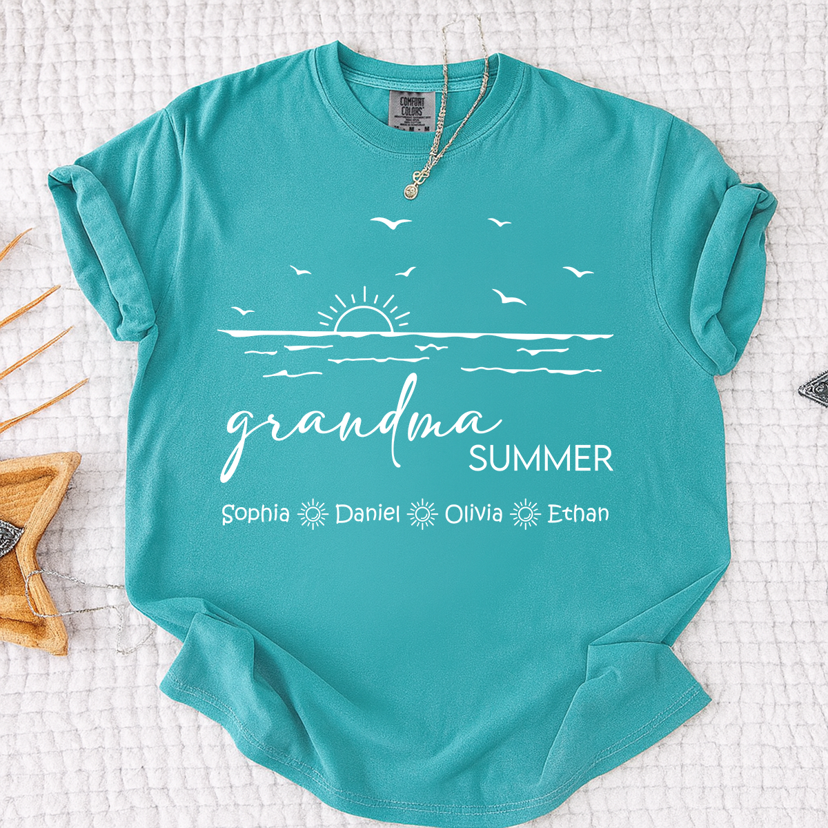 Comfort Colors Custom Name Grandma Shirt, Summer Beach Vacation Tee with Grandkids Names, Ocean Inspired Apparel for Grandma