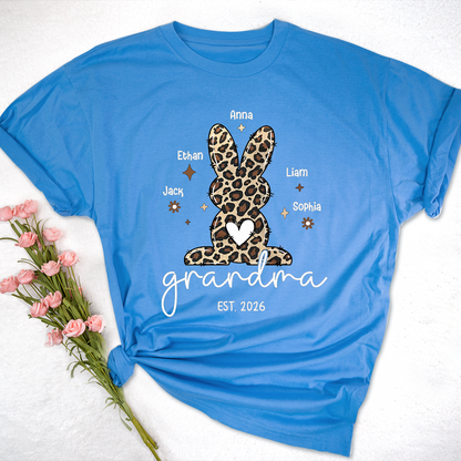 Personalized Grandma Easter Bunny Leopard Print T-shirt, Custom Grandma And Kids