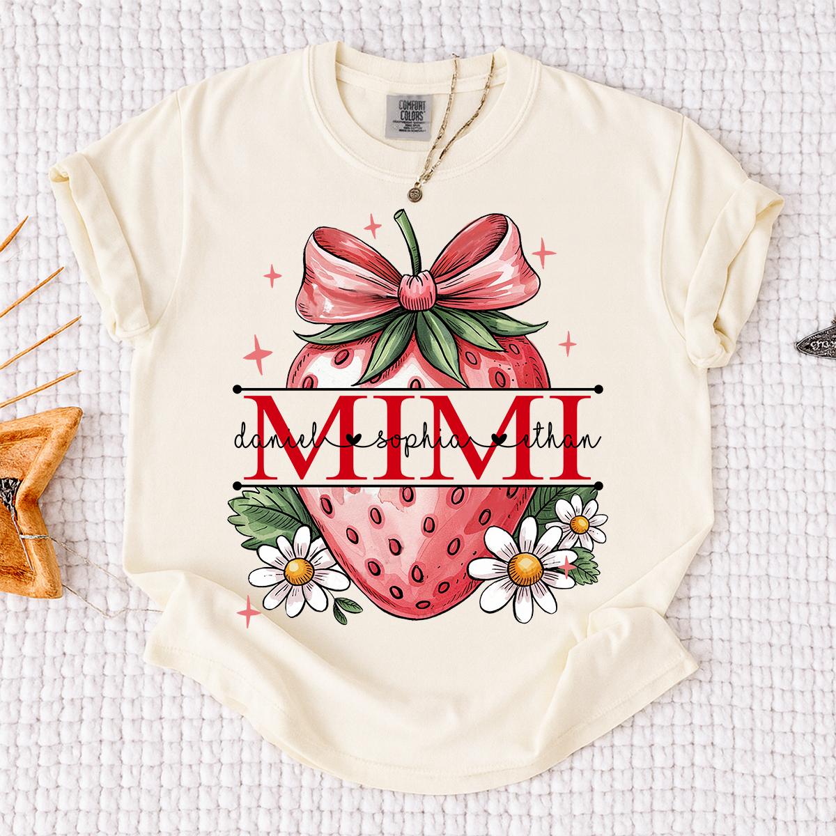Comfort Colors® Custom Mimi T Shirt with Strawberry Bow Design, Floral Grandma Graphic Tee, Cute Summer Fruit Shirt for Mimi