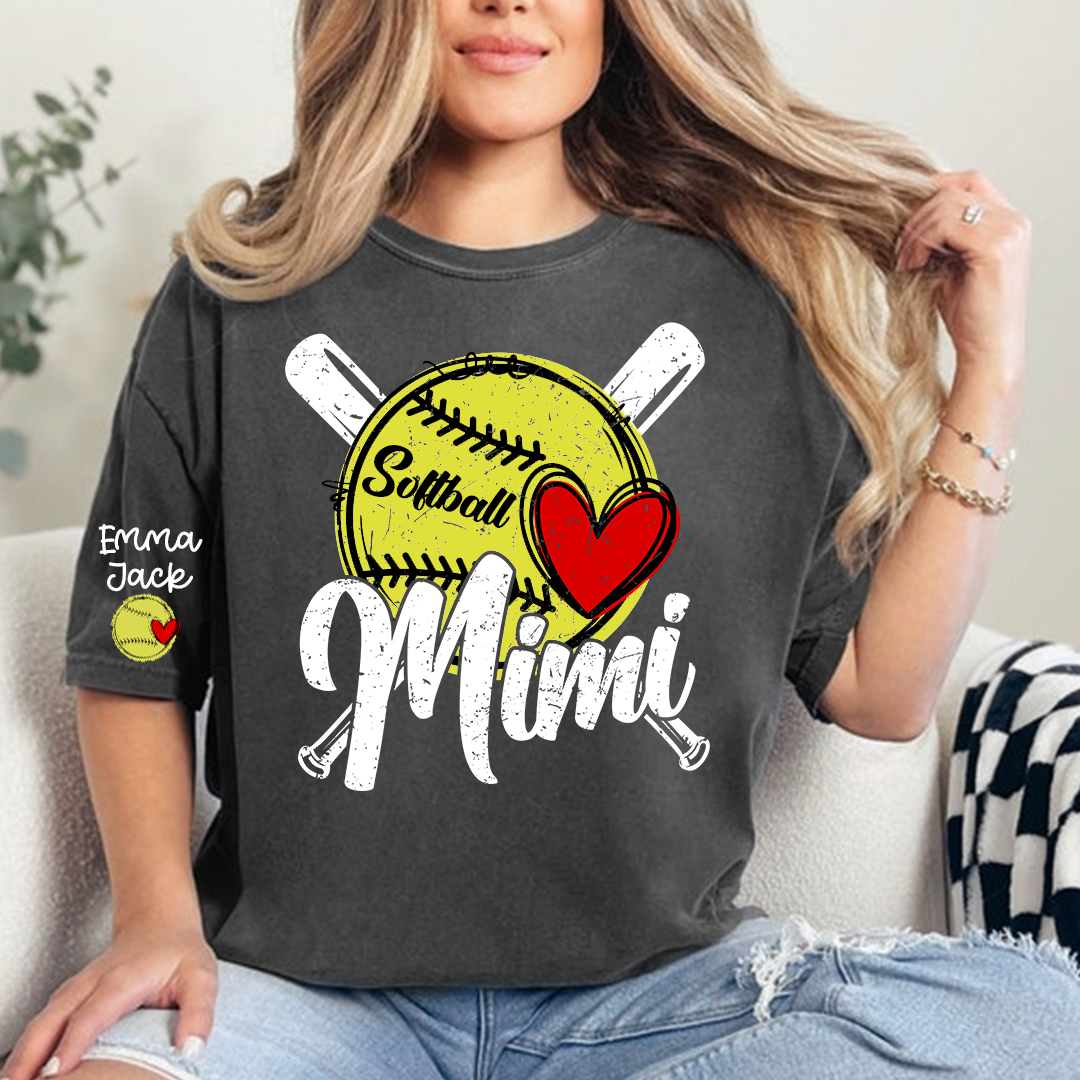 Mimi Softball Shirt with Heart Design, Personalized Family T Shirt with Custom Names