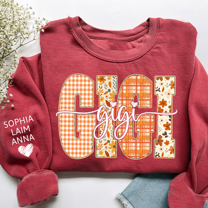 Personalized Gigi Crewneck for Grandma – Fall Colors with Kids' Names on Sleeve