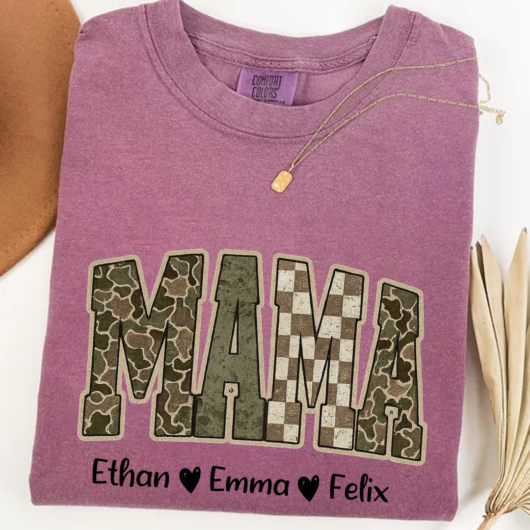 Personalized Camo Mama Shirt - Hunting Style Tee with Custom Kids Names