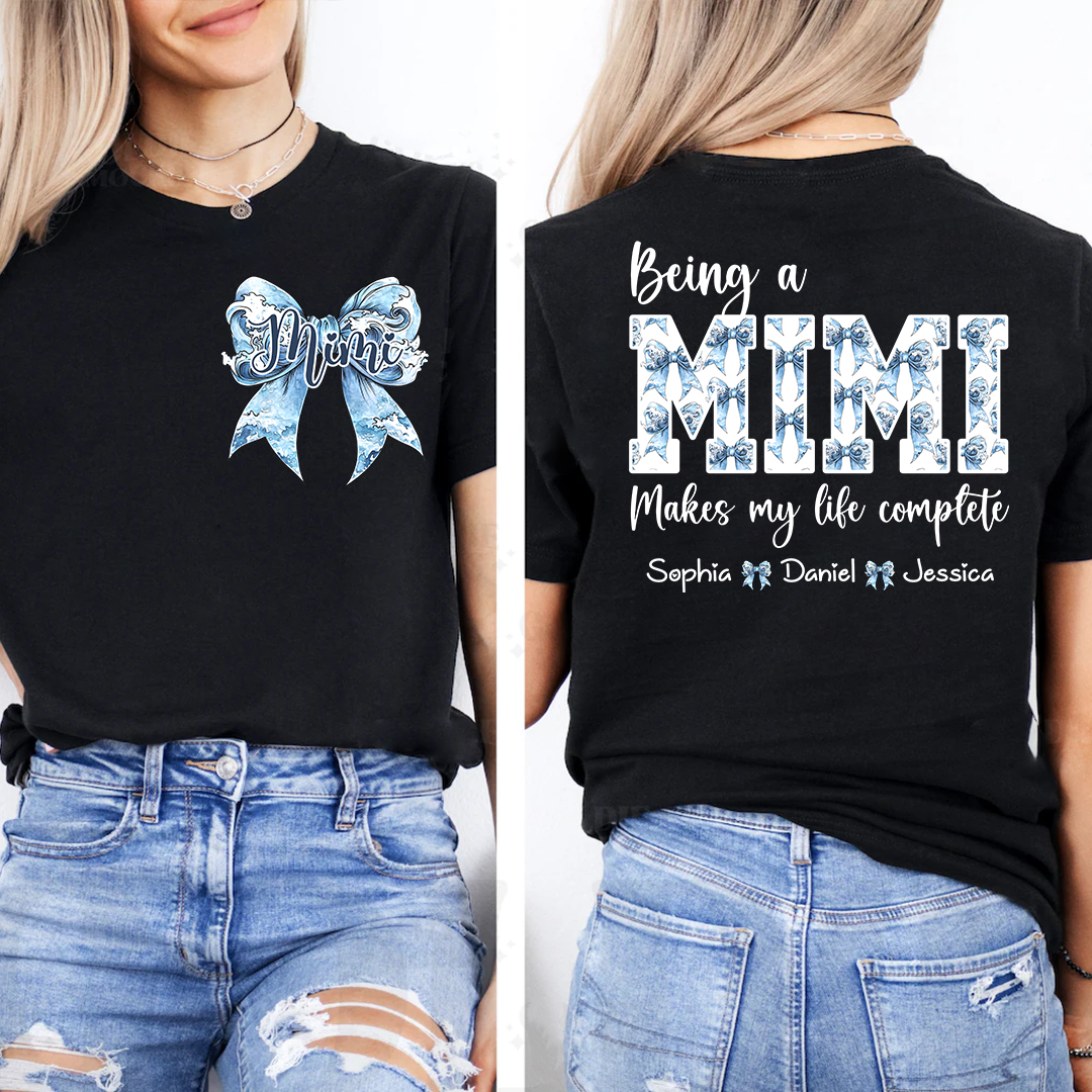 Custom Mimi T Shirt with Grandchildren Names, Blue Bow Coquette Back Design Tee, Personalized Grandma Apparel for Women