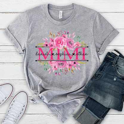 Custom Mimi T Shirt, Grandkids Names with Floral Rose Design Family Gift
